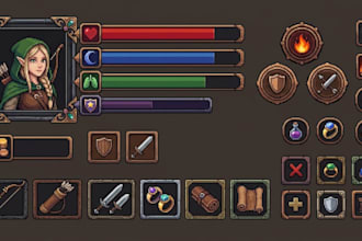 create pixel art game UI kit hud inventory menu buttons icons rpg mobile game