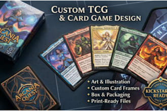 do custom card game design, tcg card artwork, and rulebook packaging design