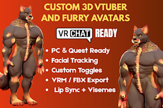 create 3d furry vtuber model, custom furry vrchat avatar, fursona 3d vtuber