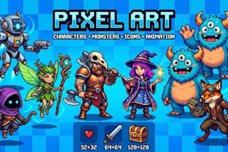 create you pixel art character icons monster and animation