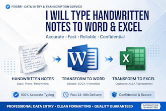 type handwritten notes to world PDF and do excel data entry