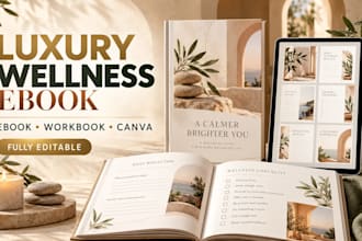 design luxury wellness ebook and workbook in canva, self care planner