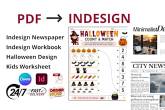 convert pdf to indesign, indesign newspaper, workbook,  halloween worksheets