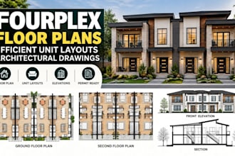 create fourplex floor plans with efficient unit layouts, architectural drawings