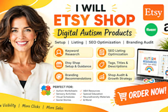 etsy shop digital autism products setup listing  SEO optimization branding audit