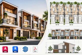 design townhouse floor plans, elevations, residential architectural cad drawing