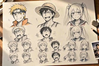 sketch expression sheet of your favourite anime characters