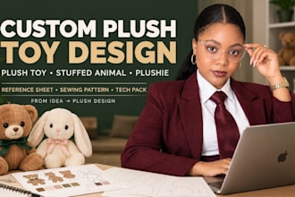 design custom plush toy, stuffed animal plushie and plush refrence sheet