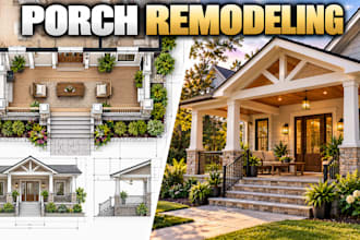design porch remodeling plans with detailed exterior 3d views