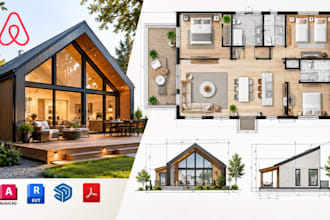 create airbnb house floor plans with room layouts, architectural cad drawings
