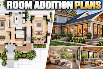 design room addition plans with detailed residential 3d views