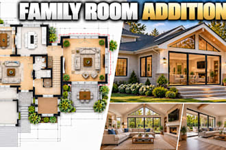 design family room addition plans with detailed remodeling 3d views