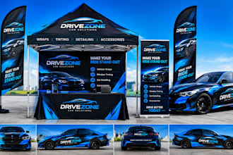 design canopy tent, feather flag, table cover, rollup banner and for car ads