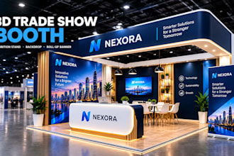 do 3d trade show booth, redesign 3d trade booth, backdrop, and roll up banner