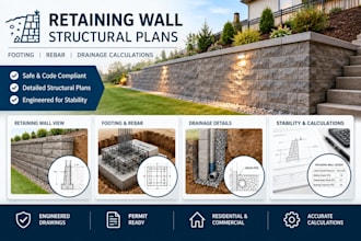 design retaining wall structural plans footing rebar drainage calculations