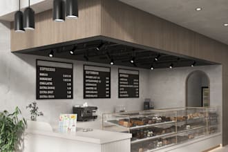 revit3d mix use space,pastries shop design,retail store,barber shop interior cgi