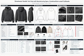 streetwear hoodie tech pack with manufacturing specs, construction and callouts
