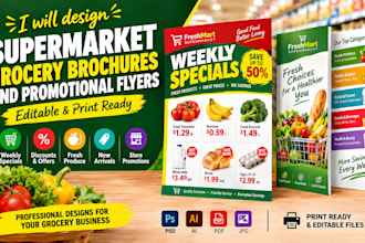 design supermarket grocery brochure and promotional flyer, editable print ready