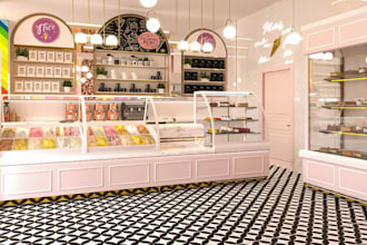 aesthetic3d ice cream cafe,restaurant interior,dessert lounge,pastry shop render