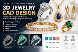 create 3d jewelry cad designs for rings, pendants and casting, stl and rendering