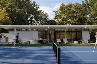 erect3d private tennis house,patio dining design,outdoor recreational,cgi render
