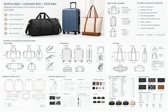 create duffle bag, luggage bag, tote, sewing pattern and tech pack design, bom