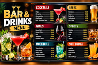 design bar menu, cocktail menu and drinks menu for restaurants