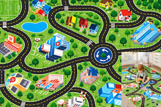 design custom kids play rug, playmat, boho picnic mat, and road map illustration