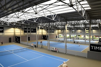 create a realistic 3d rendering ,tennis ,pickleball, and badminton court