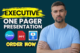design executive presentation, one pager, business proposal and sales report