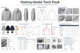 clothing hoodie tech pack with technical sketch, mockup, materials and trims