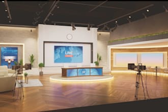 design 3d news studio, newsroom set, TV studio, on air studio, virtual news