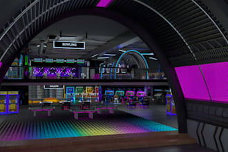 design an arcade, VR gaming center and immersive entertainment space in 3d