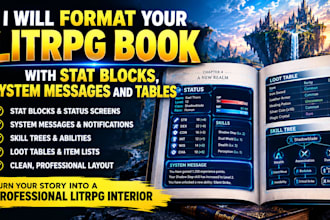 format your litrpg book interior with stat blocks, system messages and tables
