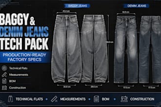 create baggy jeans tech pack and denim jeans tech pack for production use