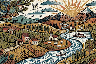 design modern linocut and woodcut style illustration