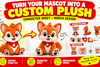 turn your mascot into a custom plush toy, character sheet and merchandise