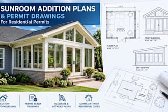 draw sunroom addition plans and permit drawings for residential permits in USA