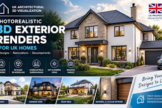 create 3d exterior renders for UK house designs and renovation