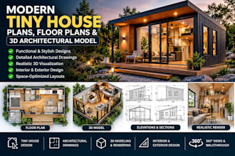 design modern tiny house plans, floor plans and 3d achitectural model