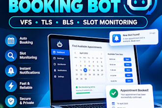 develop booking bot,vfs appointment bot, appointment bot,vfs bot, telegra