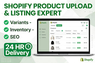 add 50 shopify products with variants, inventory and SEO in