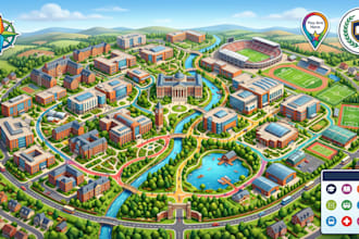 design university campus map, school map and campus wayfinding illustration