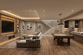 create 3d basement remodel design for cinema playground gameroom man cave