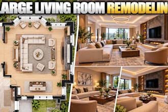 redesign large living rooms with detailed remodeling 3d views