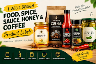design food, spice, sauce, honey and coffee product labels