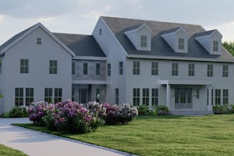 remodel 3d farmhouse exterior, front porch,residential house,landscape rendering