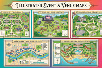 design campus, festival map, wedding, marathon race maps, resort master plan,