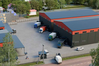 architectural render, 3d warehouse, facility,paved yard, landscape visualization