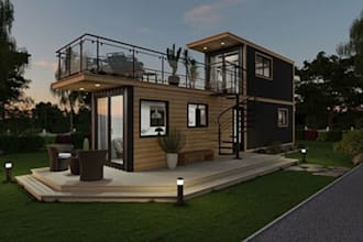 create 3d tiny house, tiny container with 3d rendering design